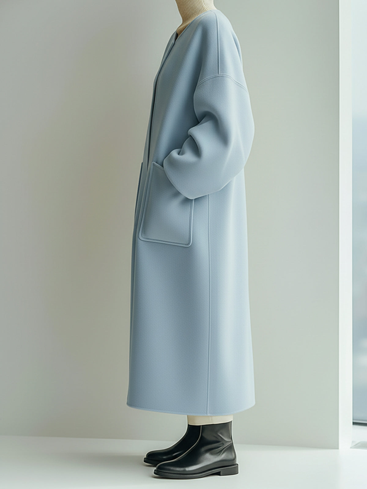 ElevenOra Chic Elegant Light Blue Wool Blend Collarless Large Pocket Slouchy Maxi-Length Coat