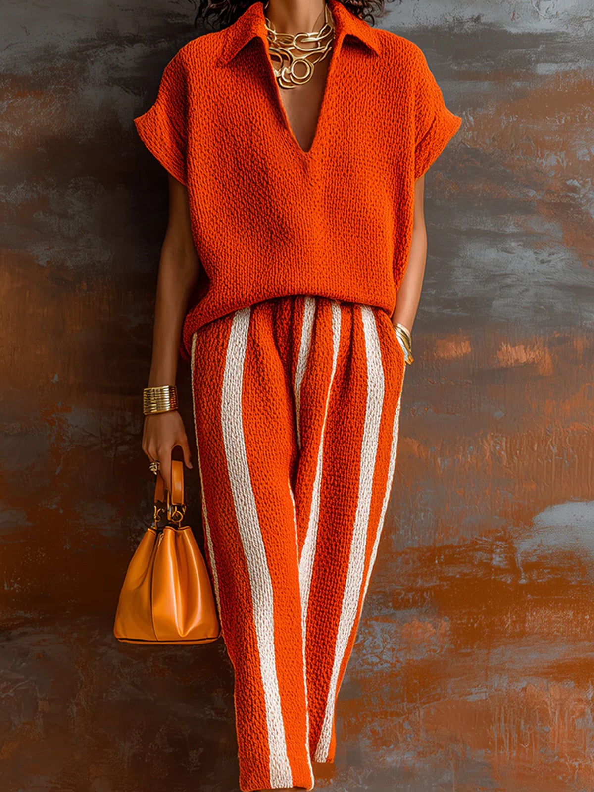 ElevenOra Chic Elegant Orange-White Colorblock Lapel V-Neck Short-Sleeve Loose-Fit Sweater Elastic-Waist Pants Knit Two-Piece Set