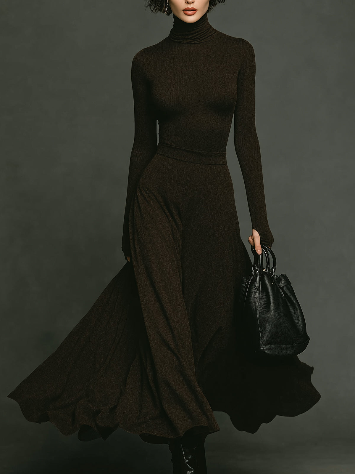 ElevenOra Elegant Turtleneck Long Sleeve Fitted Knit Sweater With Flowy Maxi Skirt Two-Piece Set