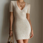 ElevenOra Chic Elegant Beige Melange V-Neck Short-Sleeve Slim-Fit Knit Mini Dress