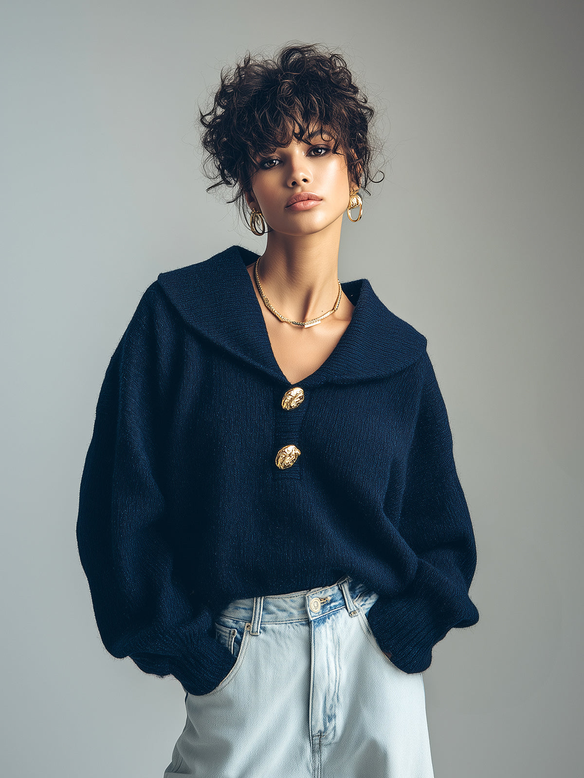 ElevenOra Chic Elegant Navy Blue Lapel Long-Sleeve Gold Button Details Oversize Knit Sweater Top