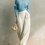 ElevenOra Chic Baby Blue Mock Neck Button-Front Slim-Fit Long Sleeve Top Wide-Leg Pants Ribbed Knit Two-Piece Set