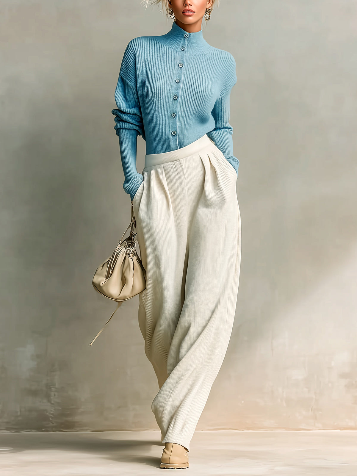ElevenOra Chic Baby Blue Mock Neck Button-Front Slim-Fit Long Sleeve Top Wide-Leg Pants Ribbed Knit Two-Piece Set