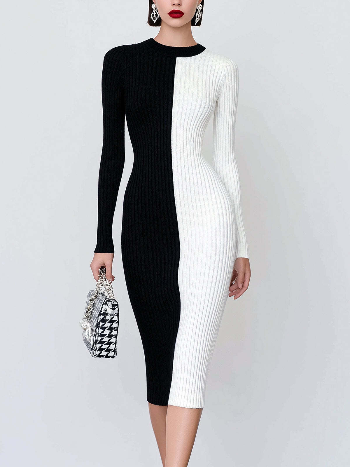 ElevenOra Vintage Fashion Colorblock Round Neck Slim Long Sleeve Knit Bodycon Midi Dress