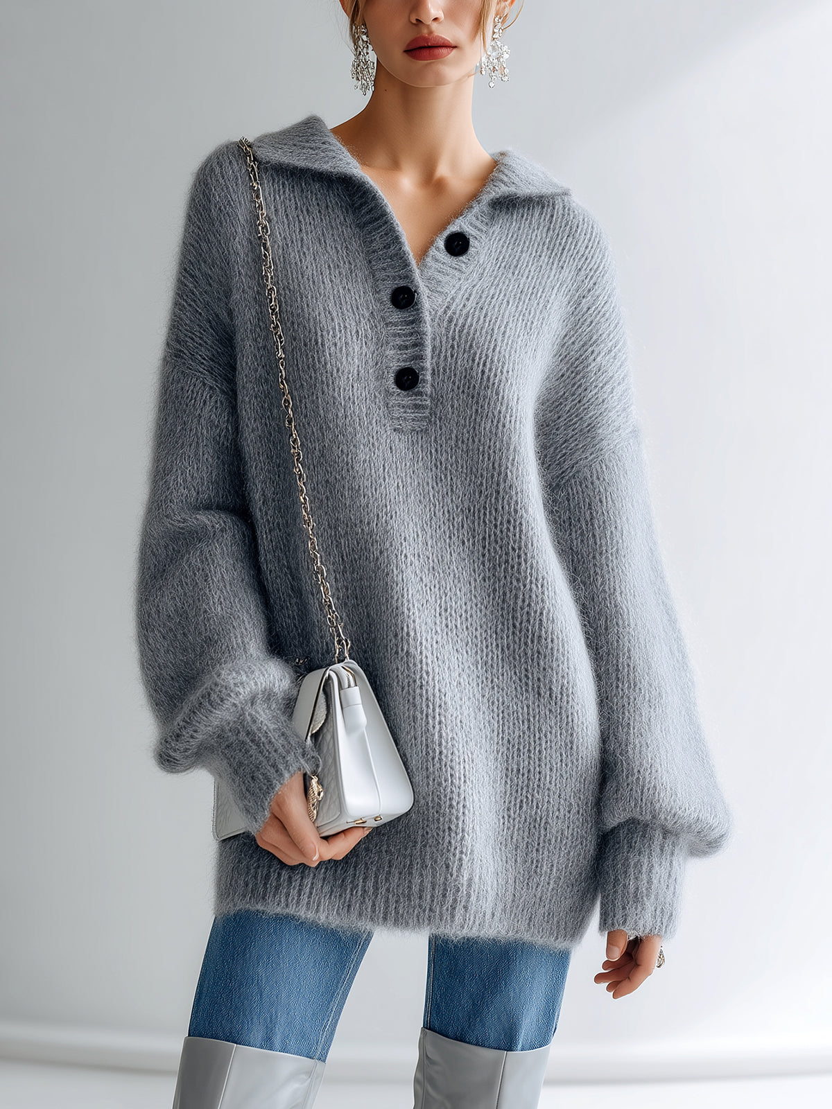 ElevenOra Chic Vintage Gray Lapel Button-Front Long Lantern Sleeve Oversized Fuzzy Knit Sweater