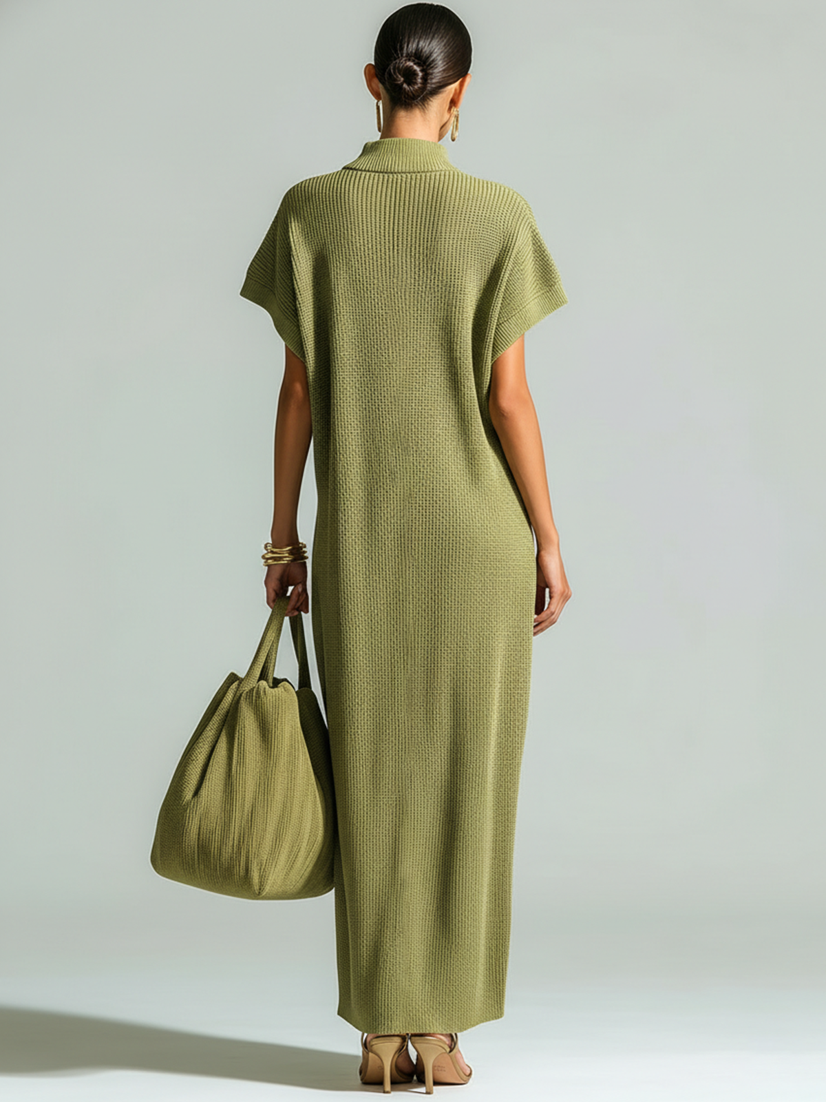 ElevenOra Stylish Elegant Olive Green Stand-Collar Zipper-Front Drop Shoulder Sleeveless Loose-Fit Ribbed Knit Maxi Dress