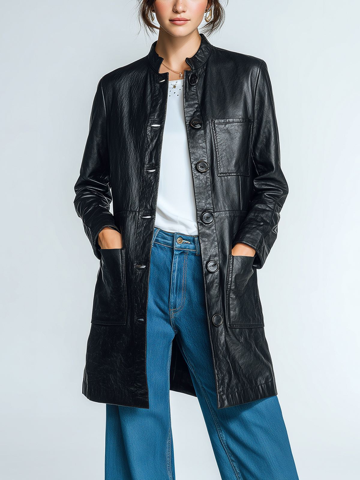 ElevenOra Chic Vintage Black Faux Leather Stand Collar Single-Breasted Multi-Pocket Utility Trench Coat