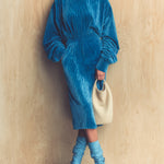 ElevenOra Chic Casual Royal Blue Corduroy Hooded Lantern Sleeve Elastic Waist Loose Midi Dress