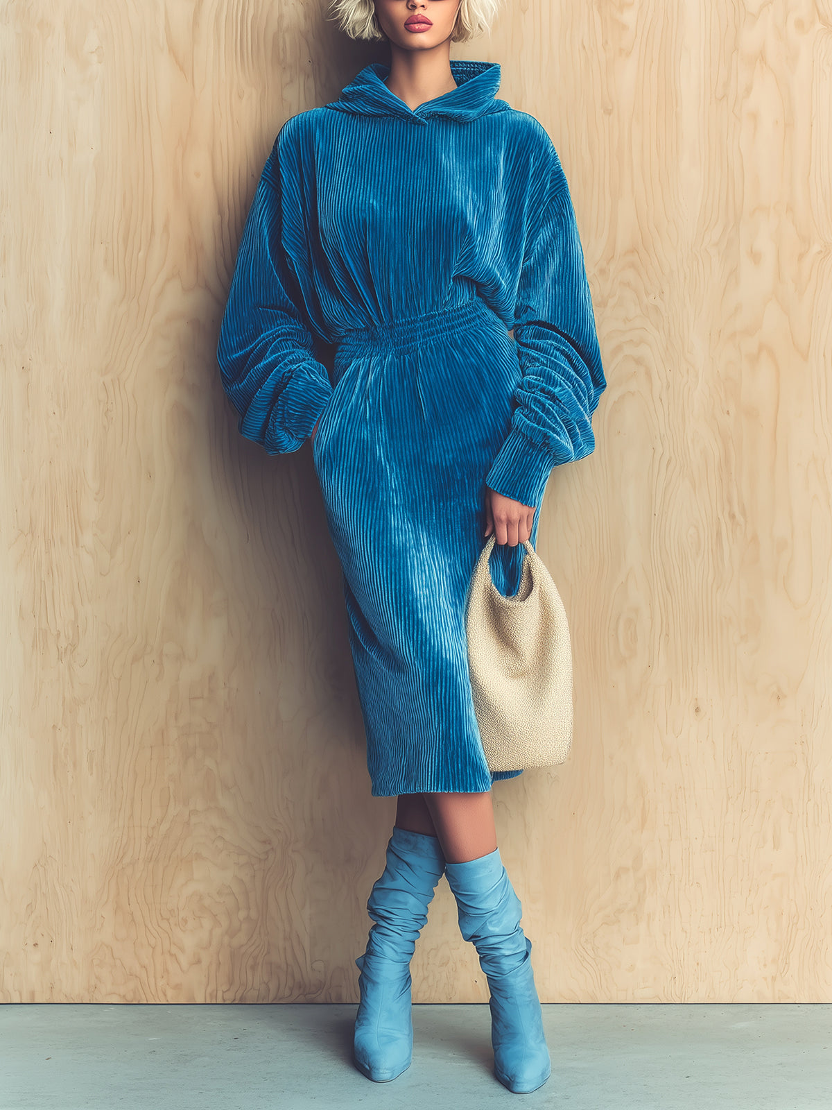 ElevenOra Chic Casual Royal Blue Corduroy Hooded Lantern Sleeve Elastic Waist Loose Midi Dress