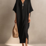ElevenOra Chic Elegant Black Zipper-Up V-Neck Short-Sleeve Oversized Side-Slit Knit Maxi Dress