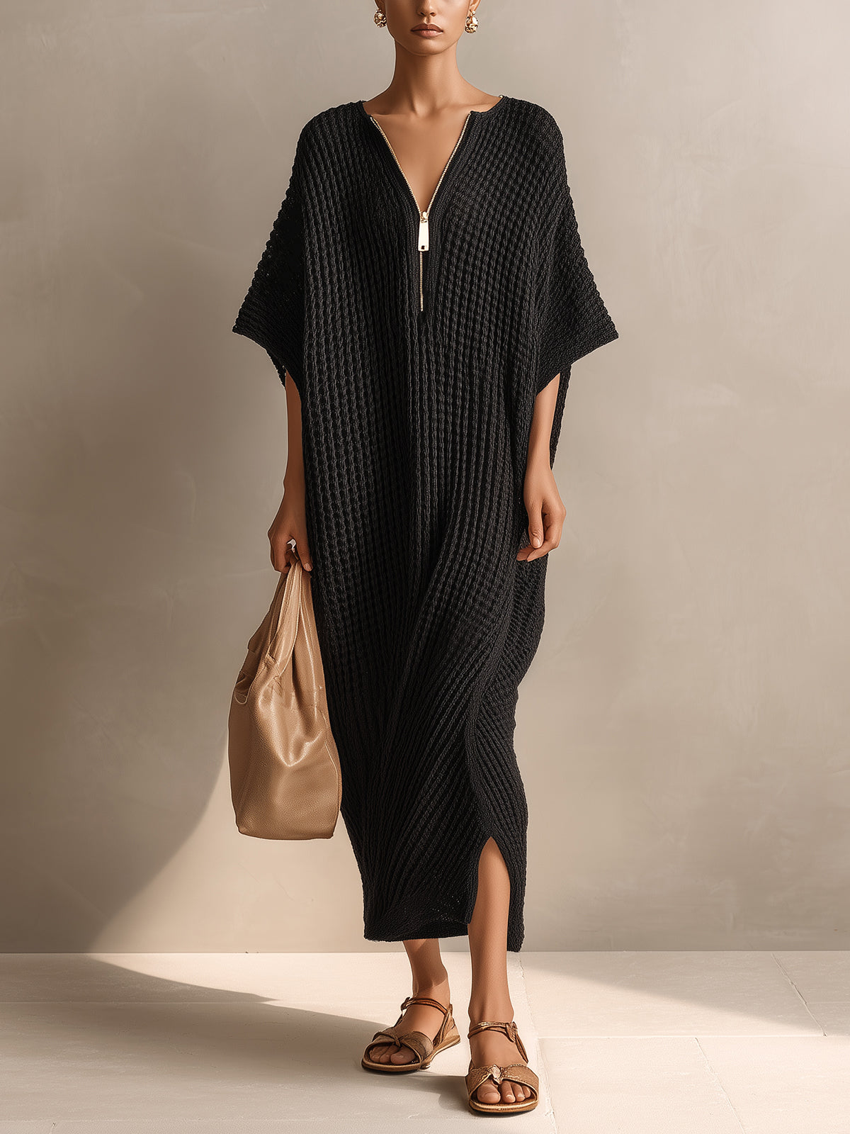 ElevenOra Chic Elegant Black Zipper-Up V-Neck Short-Sleeve Oversized Side-Slit Knit Maxi Dress