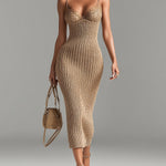 ElevenOra Chic Elegant Camel V-Neck Spaghetti Straps Sleeveless Lace Patch Slim-Fit Detail Ribbed Knit Bodycon Midi Dress