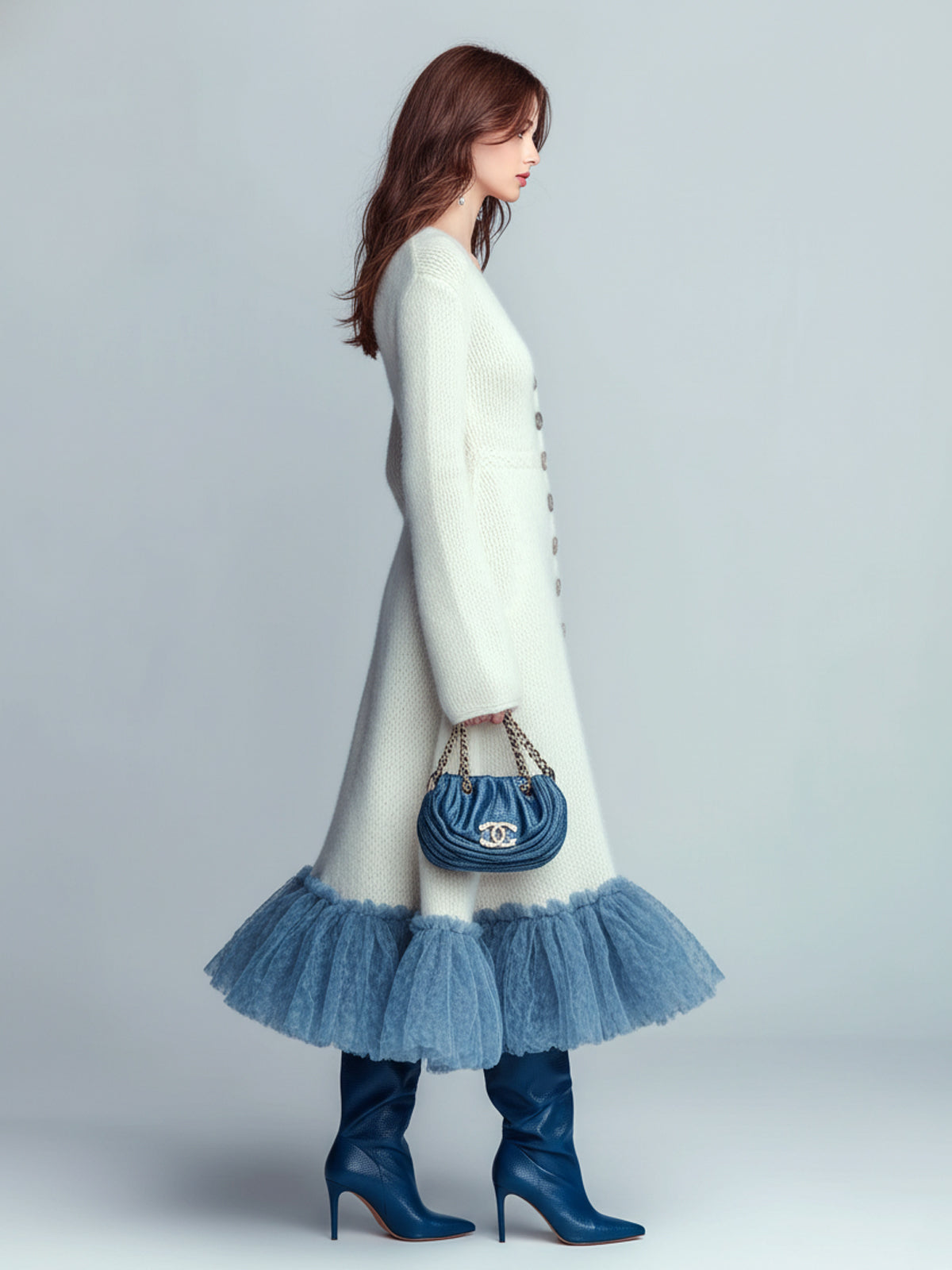 ElevenOra Chic Elegant Cream White V-Neck Button-Front Long Sleeve Slim Fit Contrast Mesh Hem Knit Maxi Dress