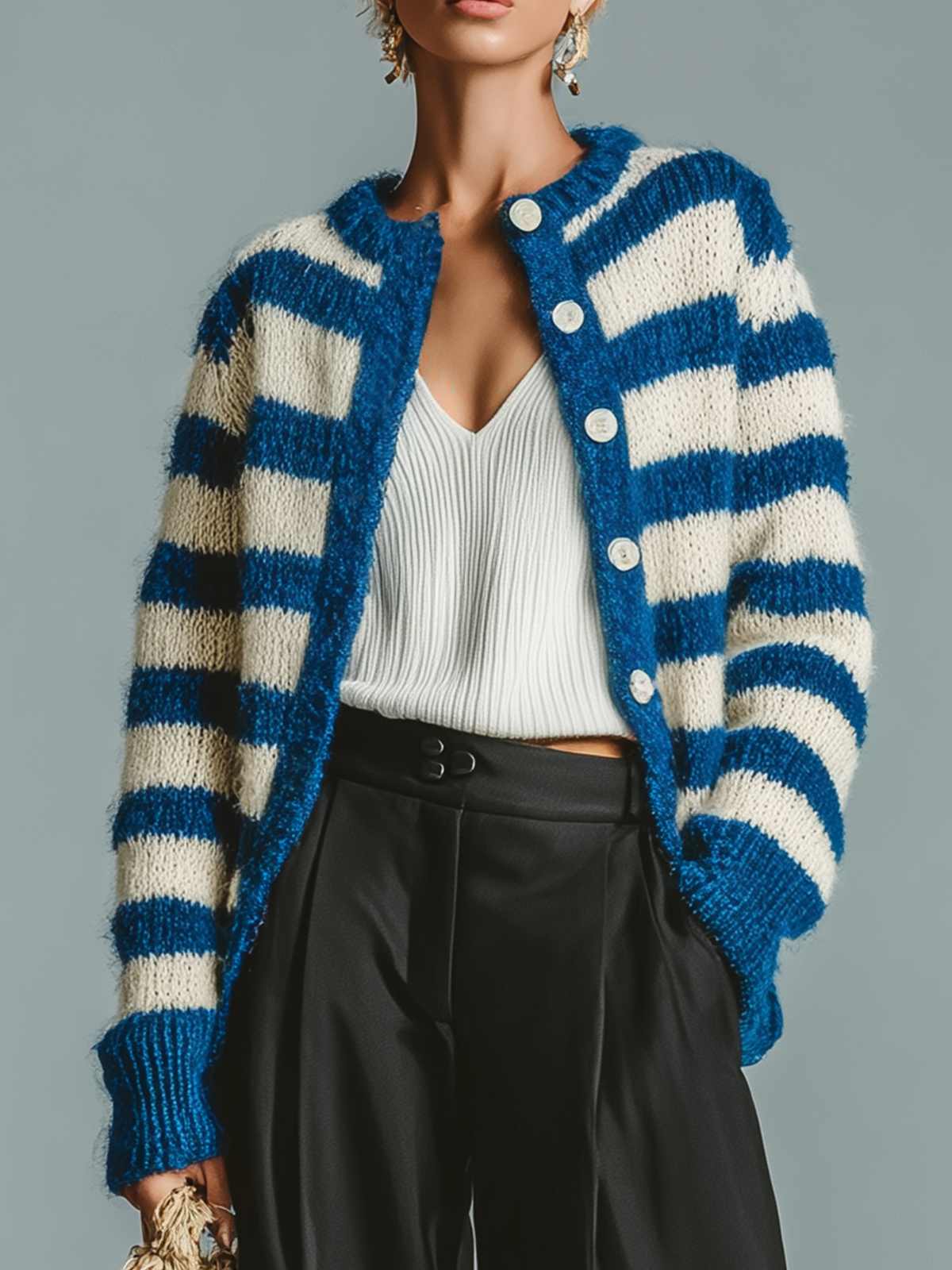 ElevenOra Fashion Casual Blue And White Striped Cardigan Long-Sleeved Loose Soft Knitted Cardigan