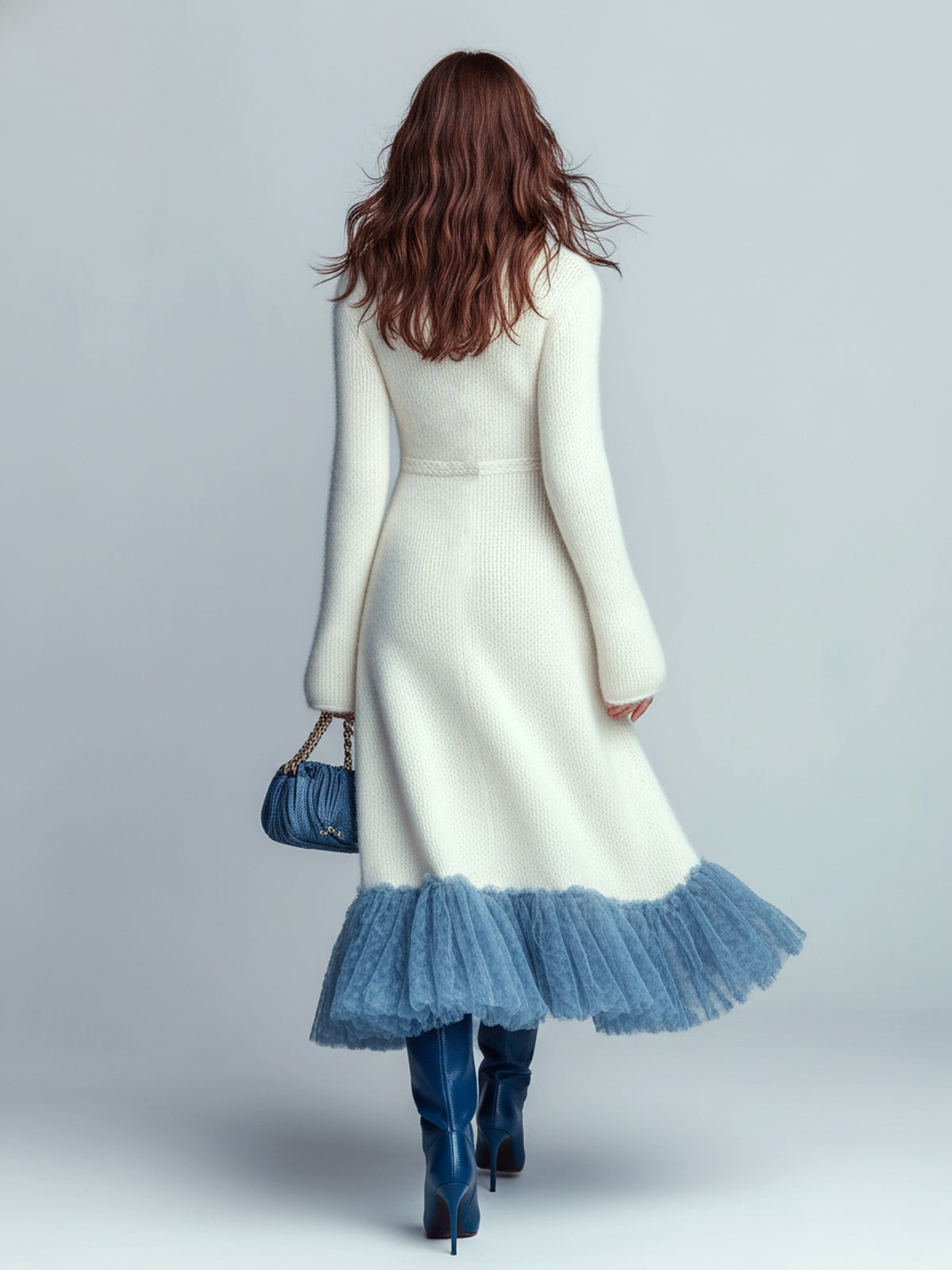 ElevenOra Chic Elegant Cream White V-Neck Button-Front Long Sleeve Slim Fit Contrast Mesh Hem Knit Maxi Dress