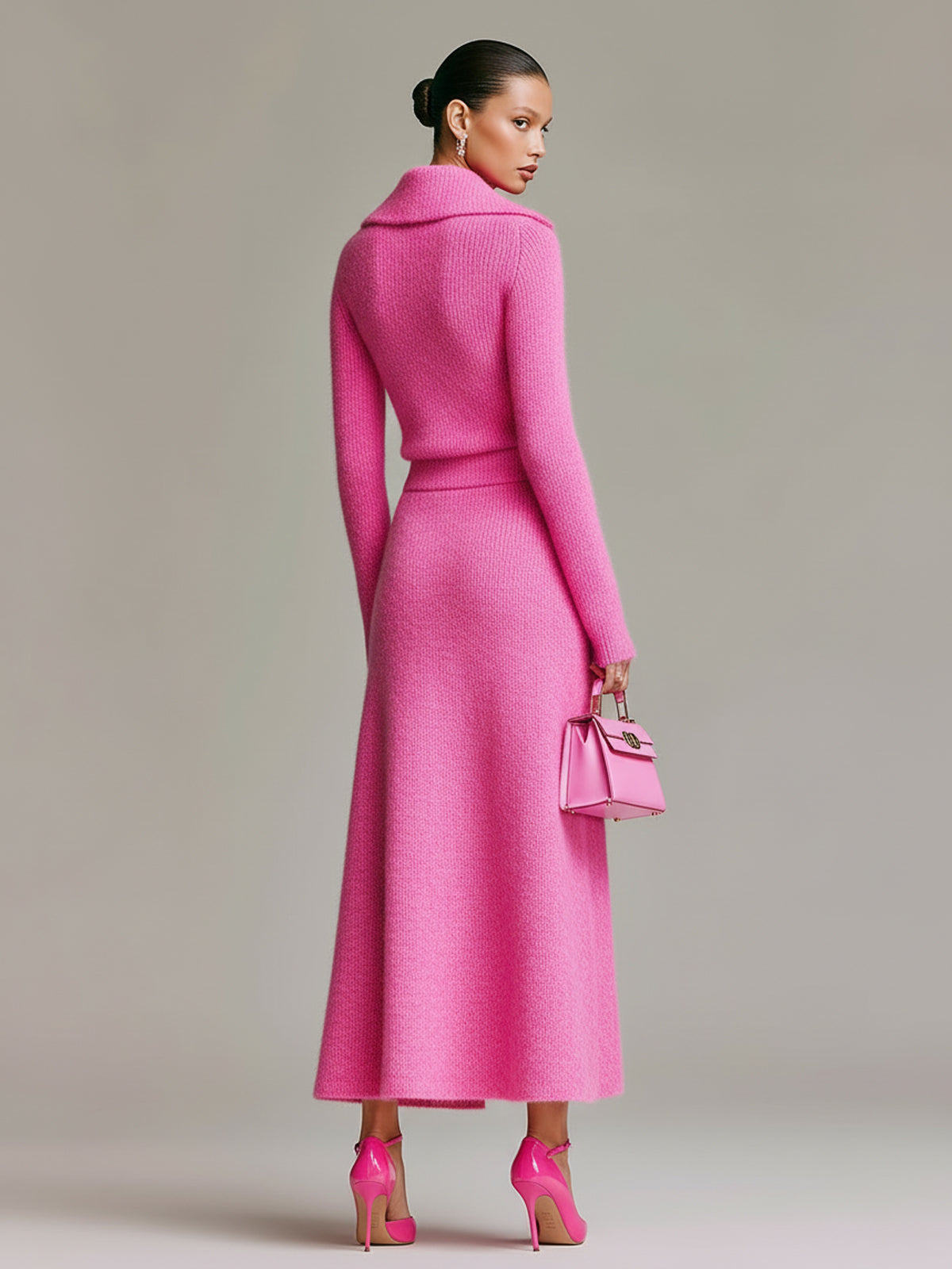 ElevenOra Chic Elegant Hot Pink Lapel Collar Long Sleeve Sweater A-Line Slit Maxi Skirt Knit Two-Piece Set