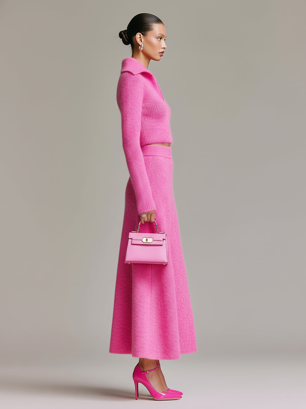ElevenOra Chic Elegant Hot Pink Lapel Collar Long Sleeve Sweater A-Line Slit Maxi Skirt Knit Two-Piece Set