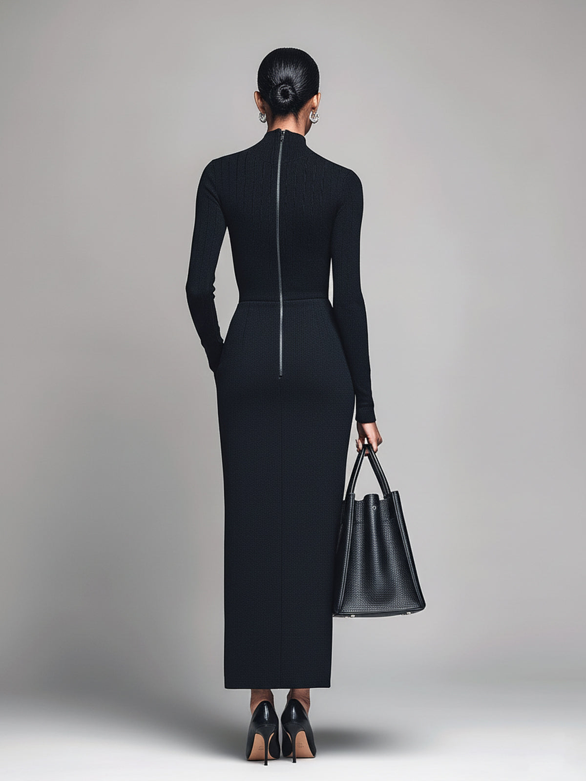 ElevenOra Casual Office Cotton Blend Turtleneck Long Sleeve High Side Slit Bodycon Maxi Dress