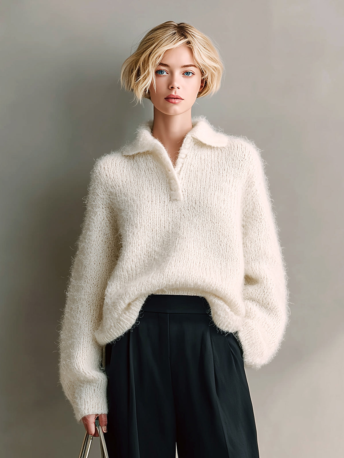 ElevenOra Chic Casual Cream White Polo Collar Oversized Long-Sleeve Mohair Knit Sweater