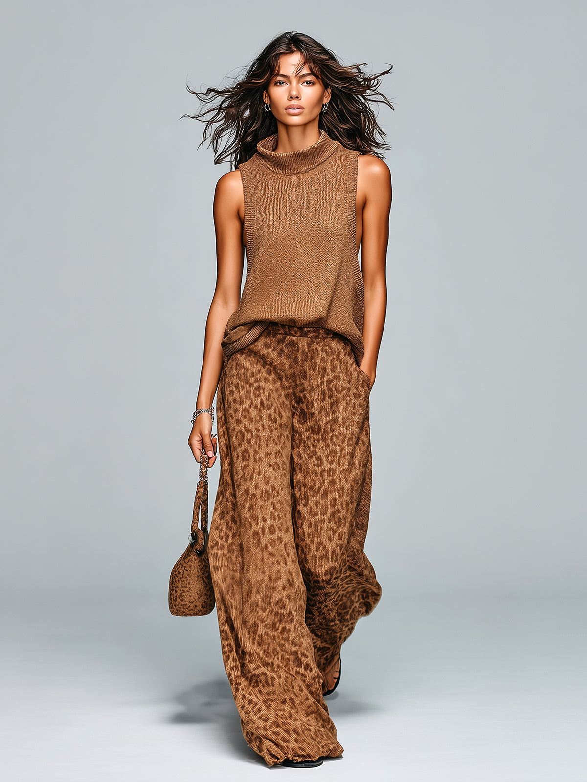 ElevenOra Chic Casual Brown Leopard Jacquard Mock Neck Sleeveless Loose-Fit Vest Wide-Leg Pants Knit Two-Piece Set