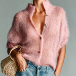 ElevenOra Chic Elegant Pink Stand Collar Single-Breasted Short-Sleeve Loose-Fit Soft Knit Sweater Top