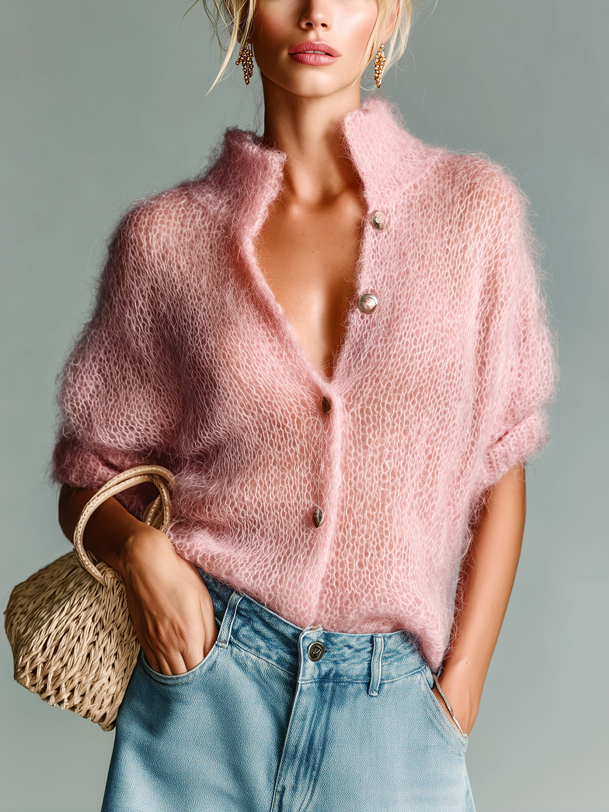 ElevenOra Chic Elegant Pink Stand Collar Single-Breasted Short-Sleeve Loose-Fit Soft Knit Sweater Top