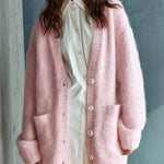 ElevenOra Chic Elegant Pink V-Neck Single-Breasted Long Sleeve Patch Pocket Loose-Fit Fuzzy Mohair Knit Mid-Length Cardigan