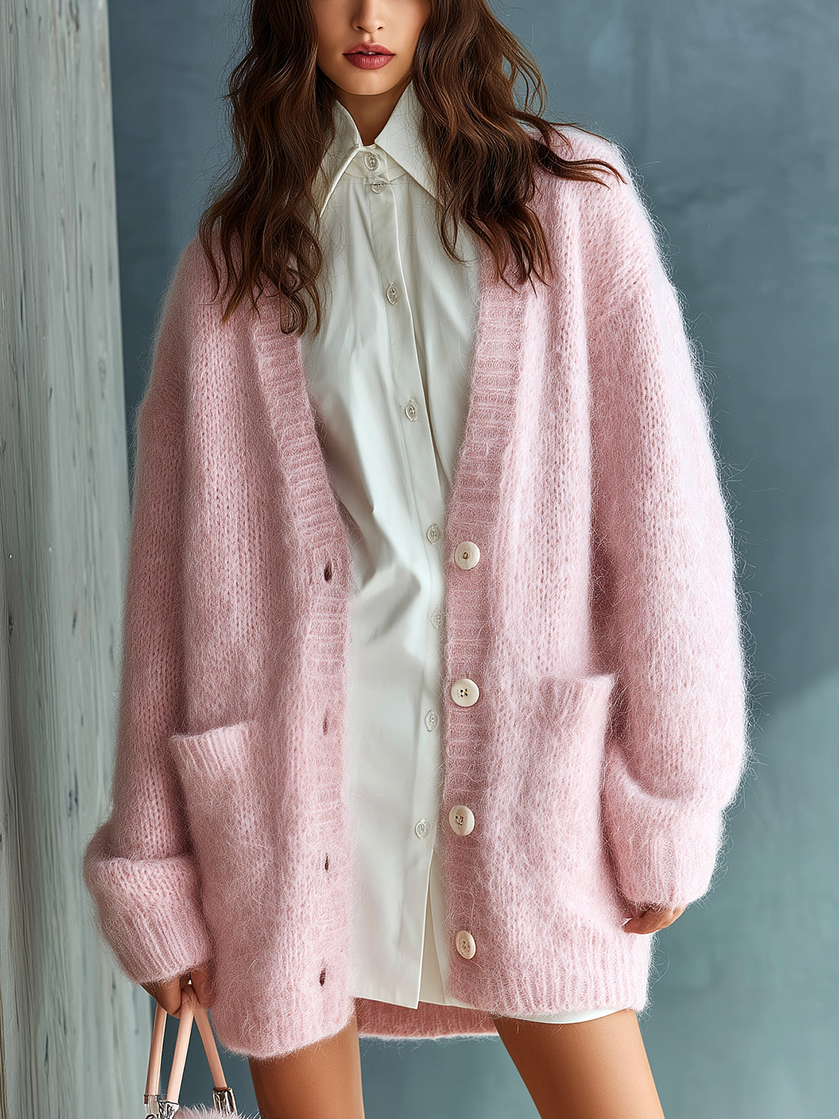 ElevenOra Chic Elegant Pink V-Neck Single-Breasted Long Sleeve Patch Pocket Loose-Fit Fuzzy Mohair Knit Mid-Length Cardigan