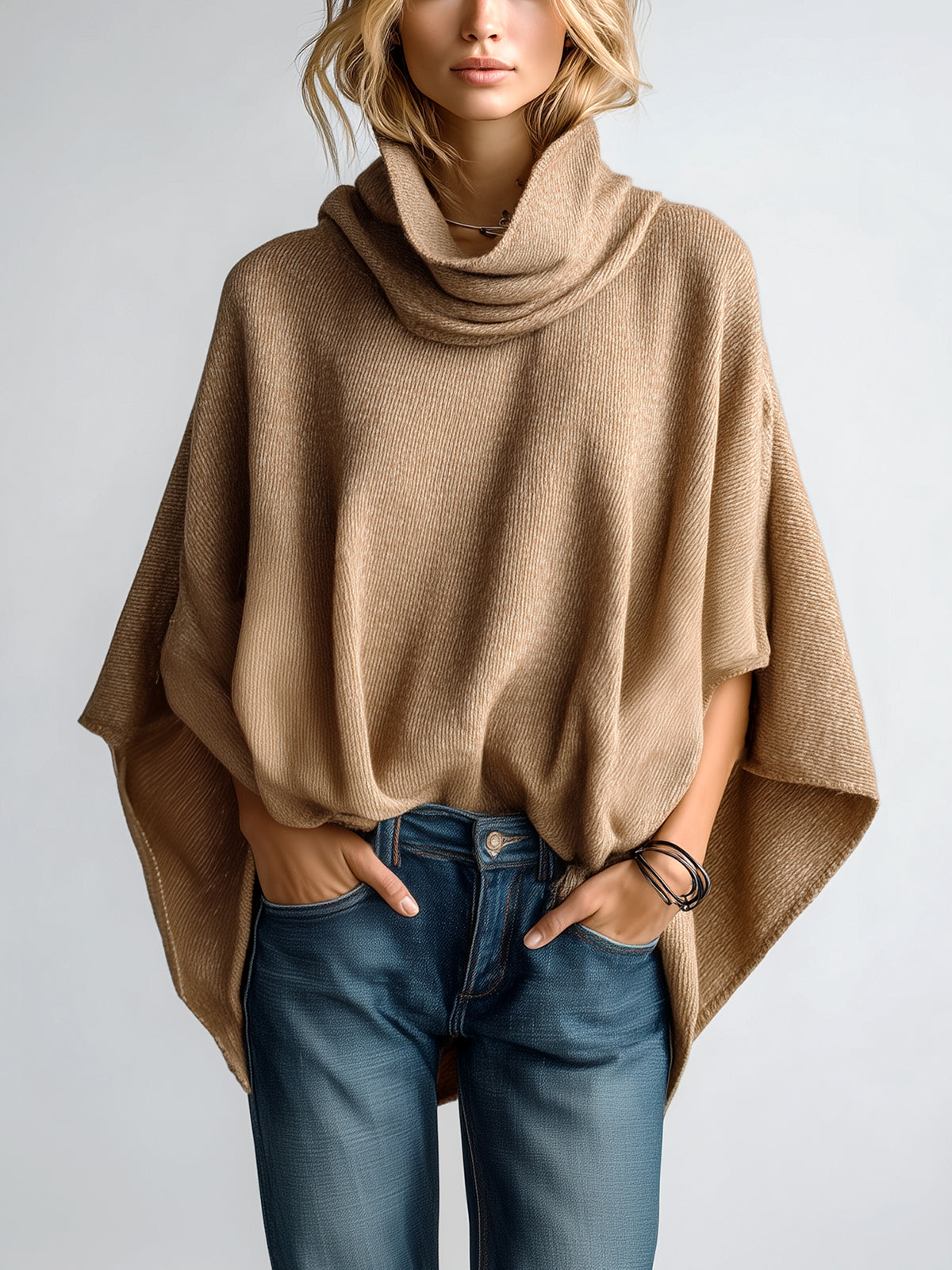 ElevenOra Chic Vintage Camel Cowl Neck Batwing Sleeve Irregular Hem Oversized Knit Sweater