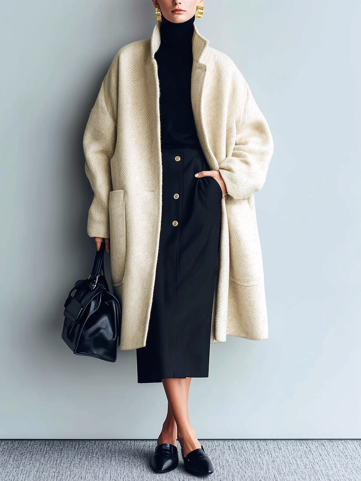 ElevenOra Chic Vintage Cream White Twill Wool Blend Lapel Collar Patch Pocket Slouchy Mid-Length Coat