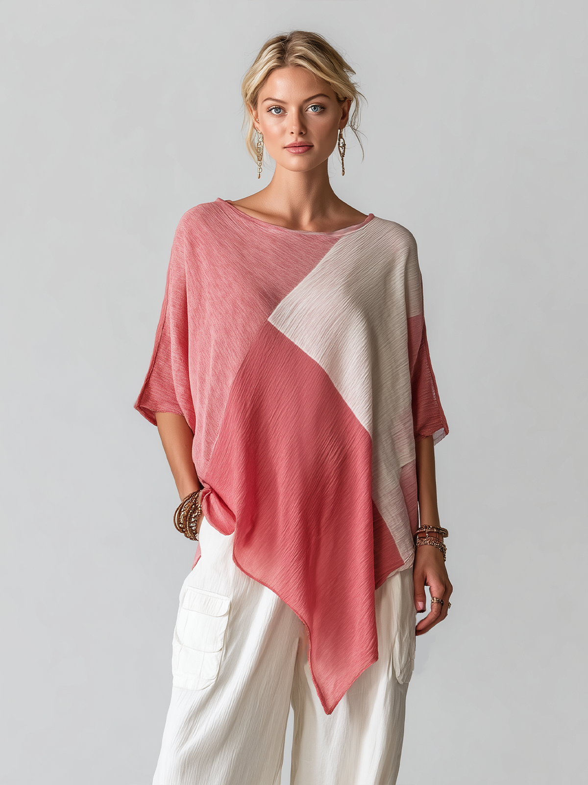 ElevenOra Chic Elegant Pink-White Colorblock  Round-Neck Short-Sleeve Oversized Chiffon Shirt