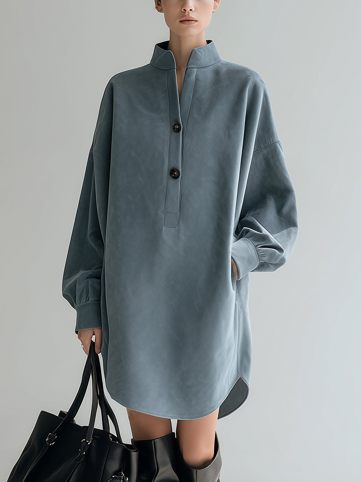 ElevenOra Chic Vintage Gray Faux Suede Stand Collar Long Lantern Sleeve Oversized Mini Dress