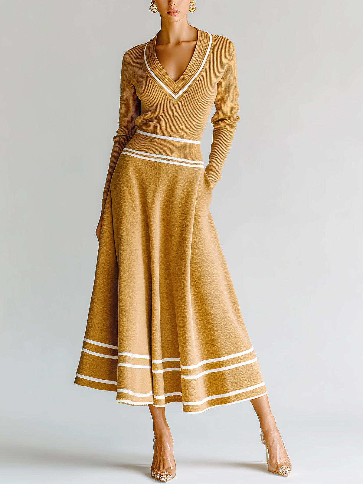 ElevenOra Chic Vintage Contrast Stripes V-Neck Slim-Fit Long-sleeve Sweater Elastic Waist A-Line Skirt Knit Two-piece Set