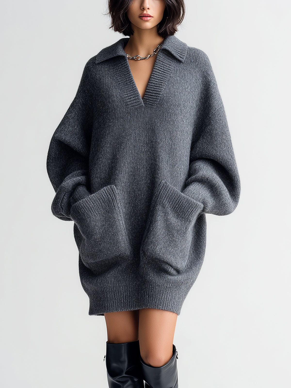 ElevenOra Chic Vintage Gray Lapel V-Neck Long Sleeve Patch Pocket Oversized Knit Mini Dress