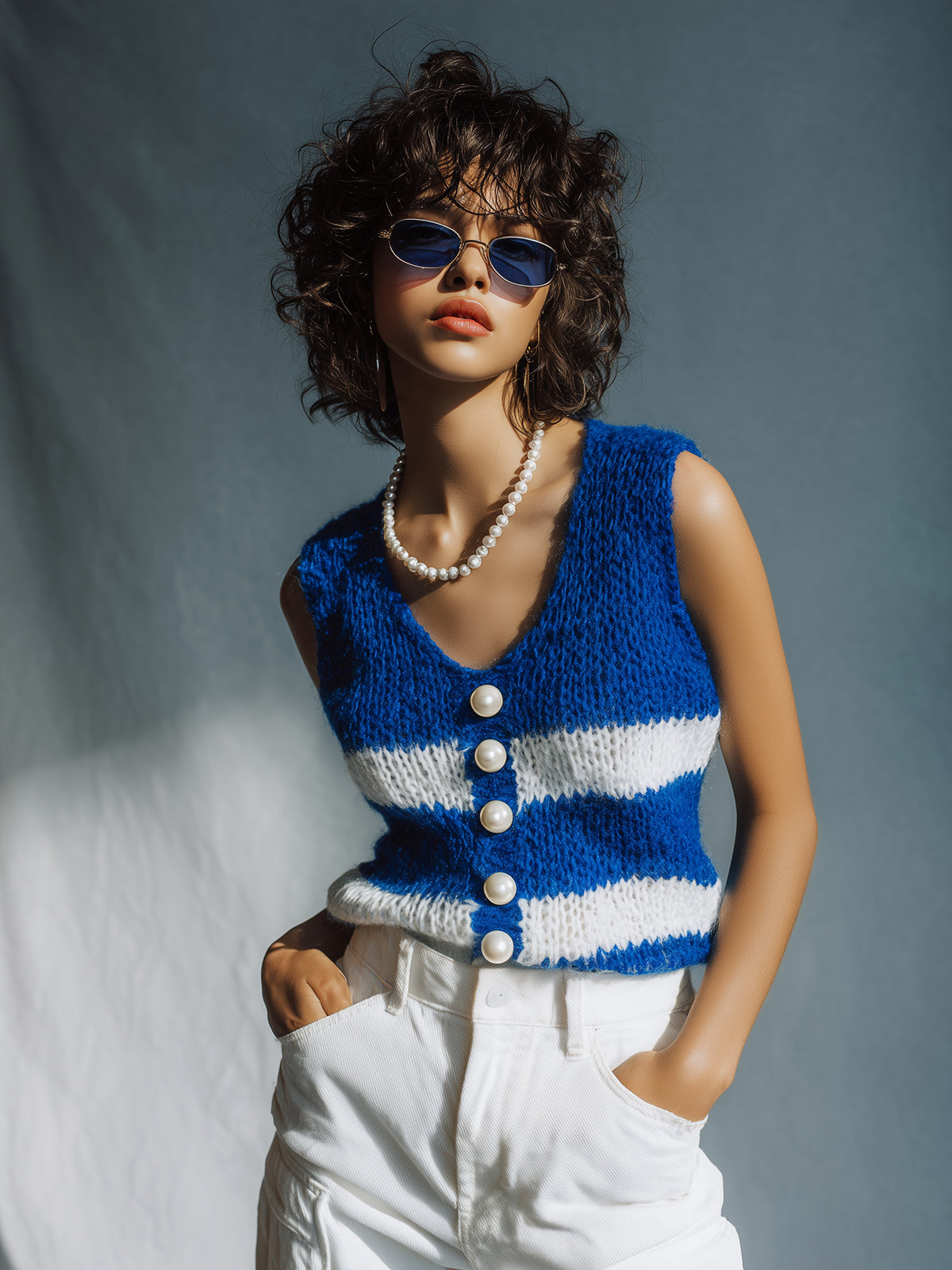 ElevenOra Chic Casual Royal Blue Stripes V-Neck Pearl Button Details Lace-Up Details Loose-Fit Knit Vest
