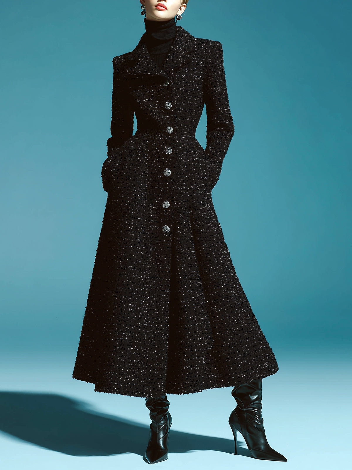 ElevenOra Vintage Elegant Tweed Notch Lapel Single-breasted Waist Tailored Waist Long Coat