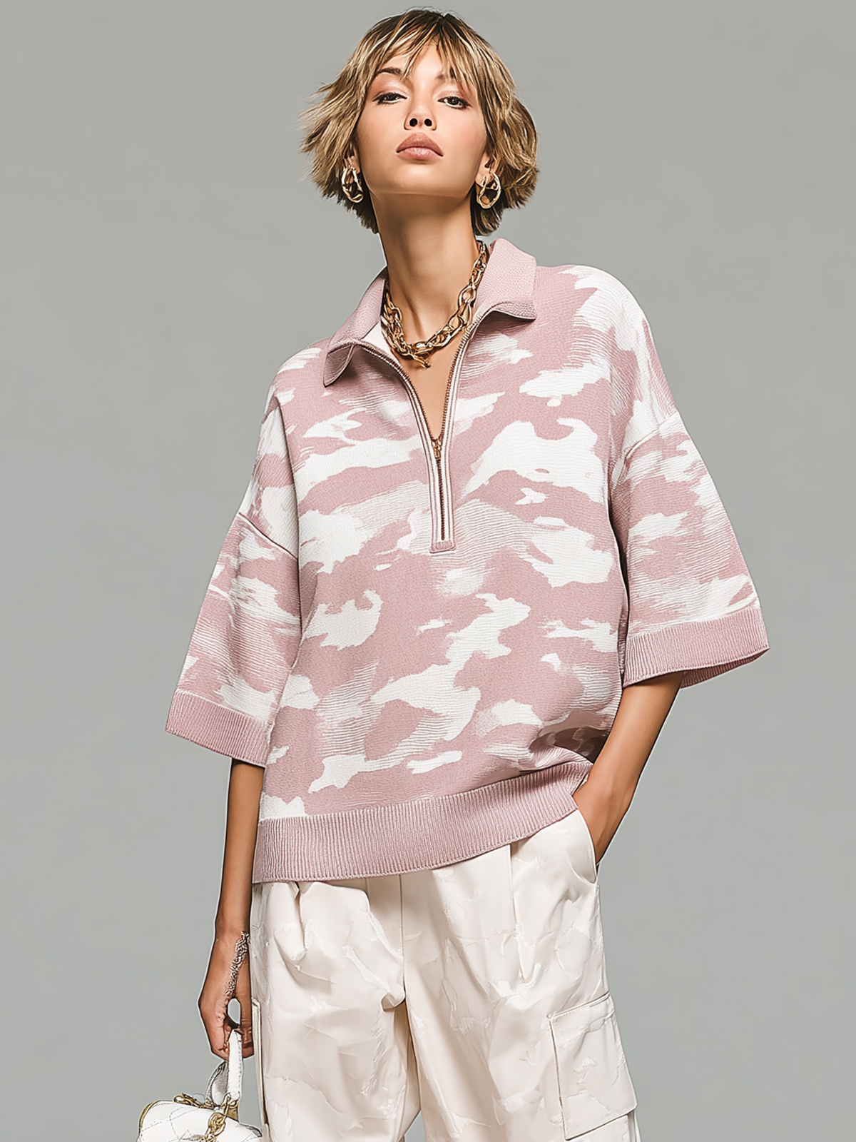 ElevenOra Fashion Casual Pink Camouflage Lapel Collar Zipper-Front Short-Sleeved Loose Knit Sweater