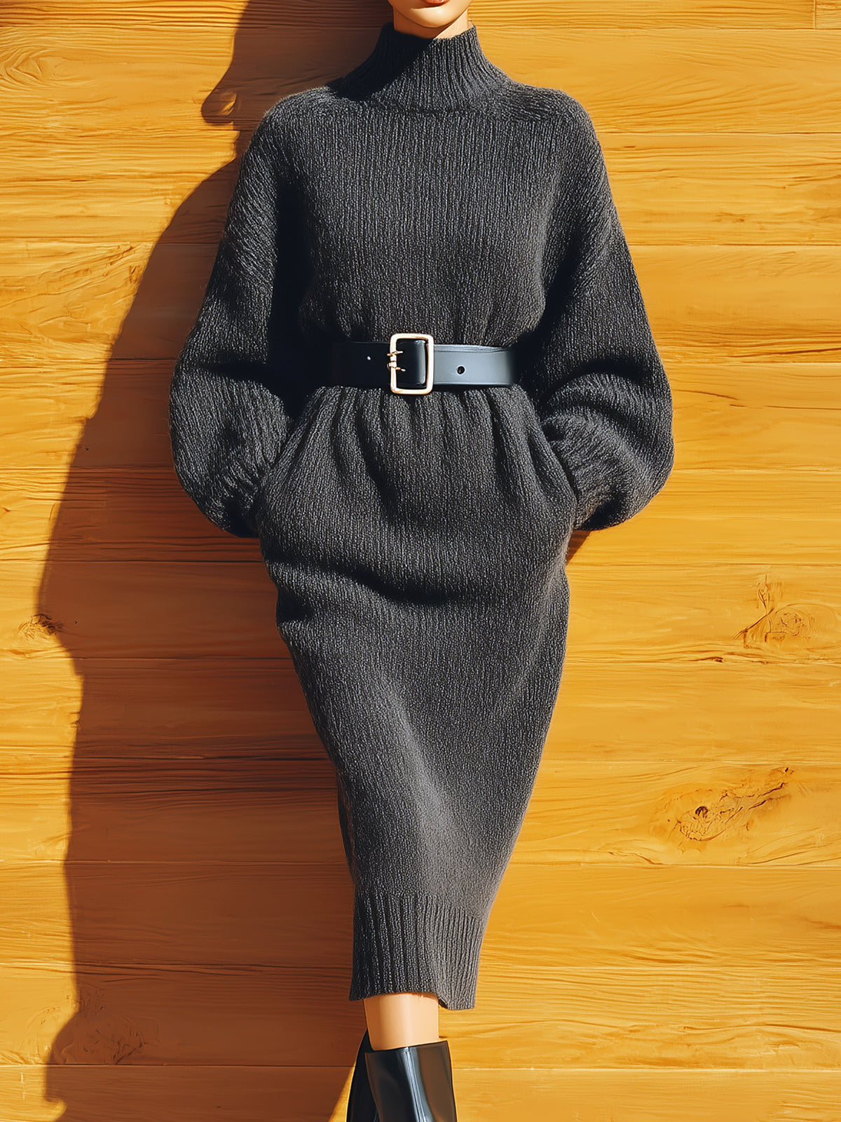 ElevenOra Chic Casual Dark Gray Turtle Neck Belted Oversized Long Sleeve Knit Midi Dress