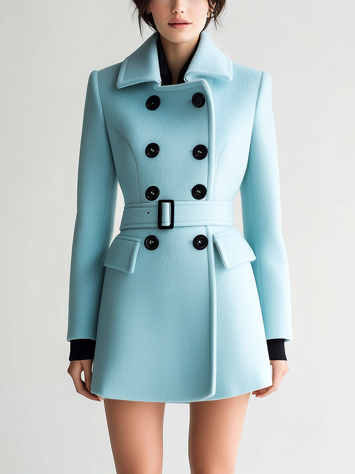 ElevenOra Chic Vintage Ligh Blue Wool Blend Lapel Double-Breasted Belted Slim-Fit Peacoat