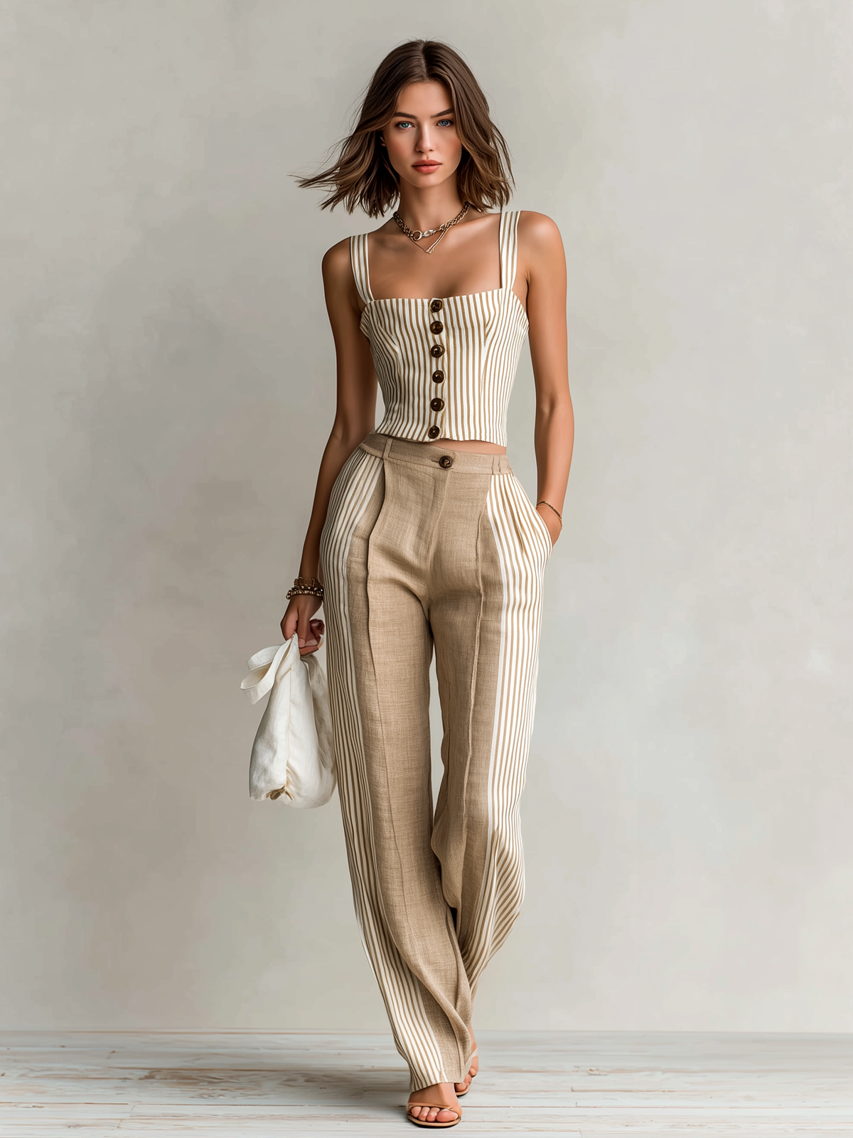ElevenOra Chic Elegant Beige Striped  Button-Front Slim Fit Tank Top Colorblock Cotton Linen Wide-Leg Pants Two-Piece Set