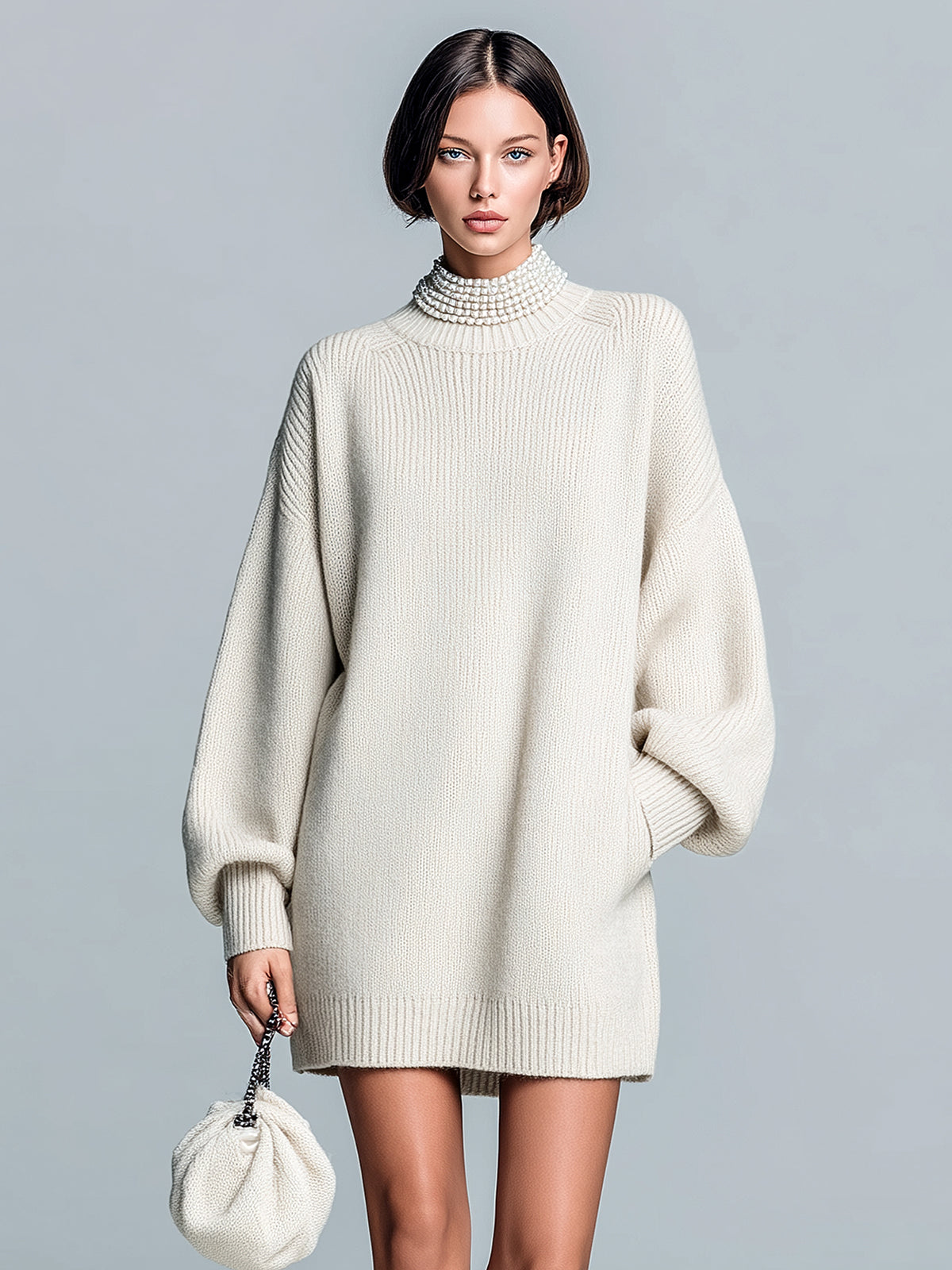 ElevenOra Chic Elegant Beige Round Neck Oversize Lantern Sleeve Knit Mini Dress