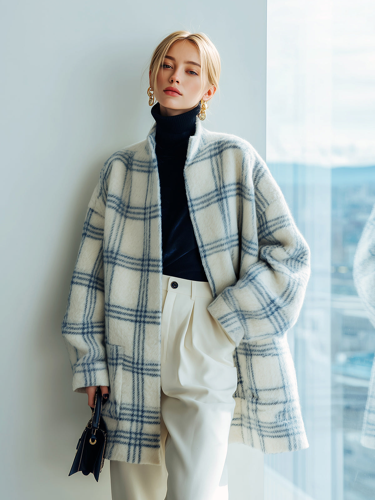 ElevenOra Chic Vintage Navy Plaid Wool Blend Stand Collar Slouchy Mid-Length Fuzzy Jacket