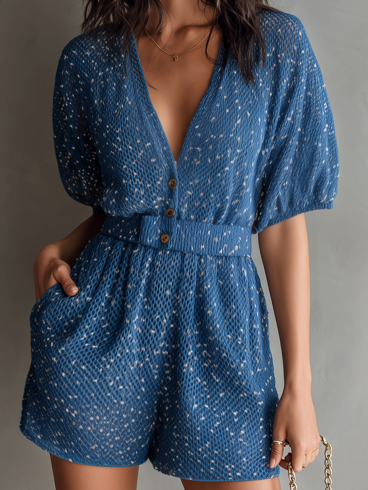 ElevenOra Chic Casual Dark Blue V-Neck Button-Front Short-Sleeve Tailored-Waist Knit Romper