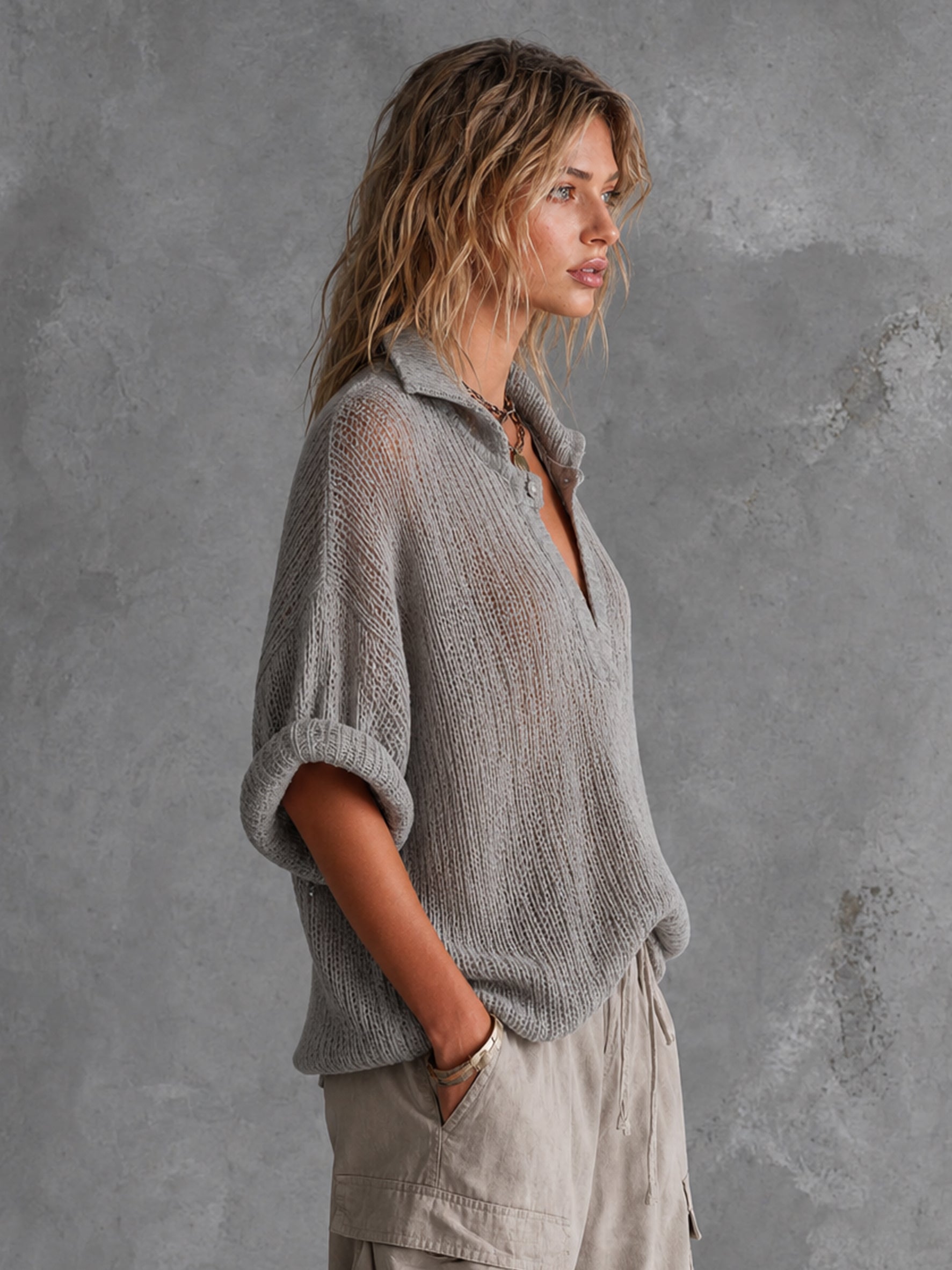ElevenOra Chic Casual Dusty Grey Lapel-Collar V-Neck Button-Detail Half‑Sleeve Loose-Fit Mesh Knit Sweater Top