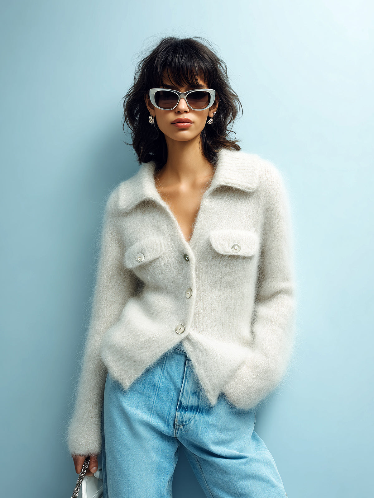 ElevenOra Chic Elegant Cream White Lapel Single-Breasted Long Sleeve Decorative Pocket Fuzzy Mohair Knit Cardigan