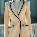 ElevenOra Vintage Elegant Wool Blend Notched Collar Single Breasted Contrast Trim Tailored Waist Blazer