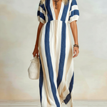 ElevenOra Chic Elegant Blue-White Striped V-Neck Short-Sleeve Loose A-Line Cotton Linen Maxi Dress