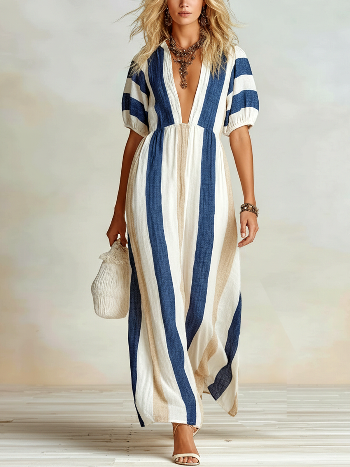 ElevenOra Chic Elegant Blue-White Striped V-Neck Short-Sleeve Loose A-Line Cotton Linen Maxi Dress