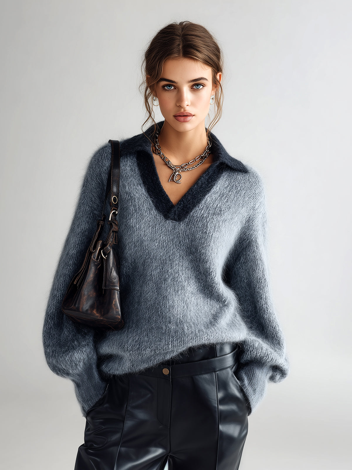 ElevenOra Chic Casual Lapel V-Neck Contrast Trim Oversized Long-Sleeve Knit Sweater Top