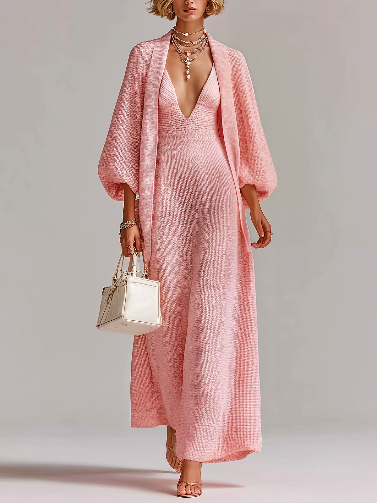 ElevenOra Stylish Elegant Pink V-neck Knit Maxi Dress Loose Bracelet Sleeves Cardigan Knit Two-Piece Set